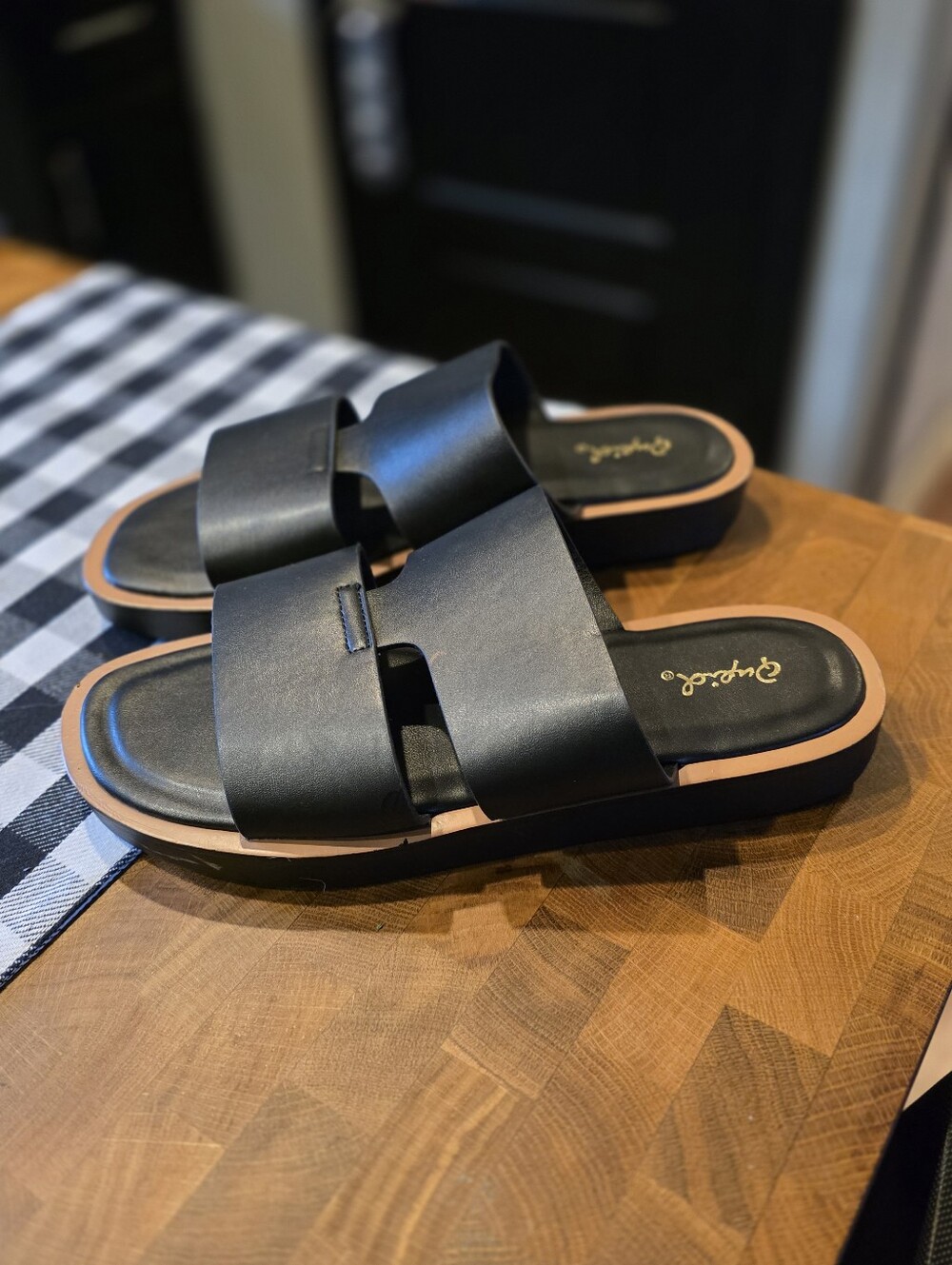 Buckle Black Slide Sandals with Tan Trim - Women Size 9
